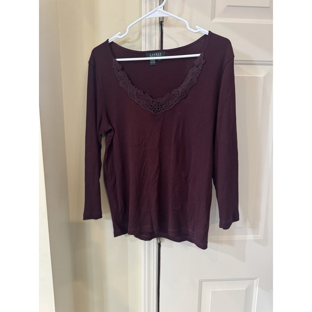 Lauren Ralph Lauren Top Womens Size XL Ribbed Cotton Lace Trim Cropped Boho Chic